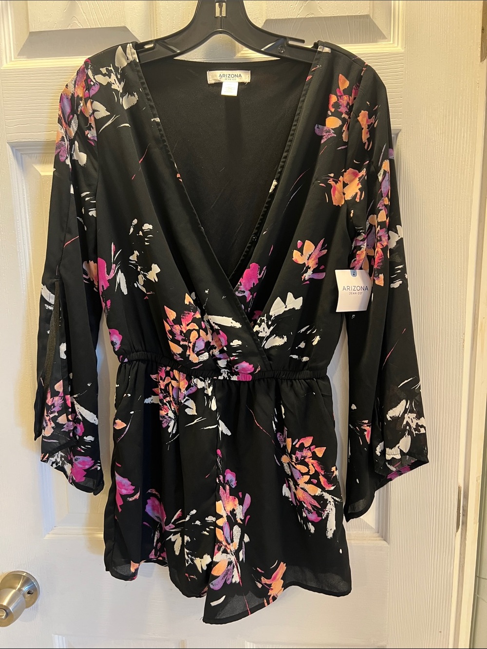NWT Arizona Jean Company Black Floral Wrap Romper with Pink and Purple Blossoms
